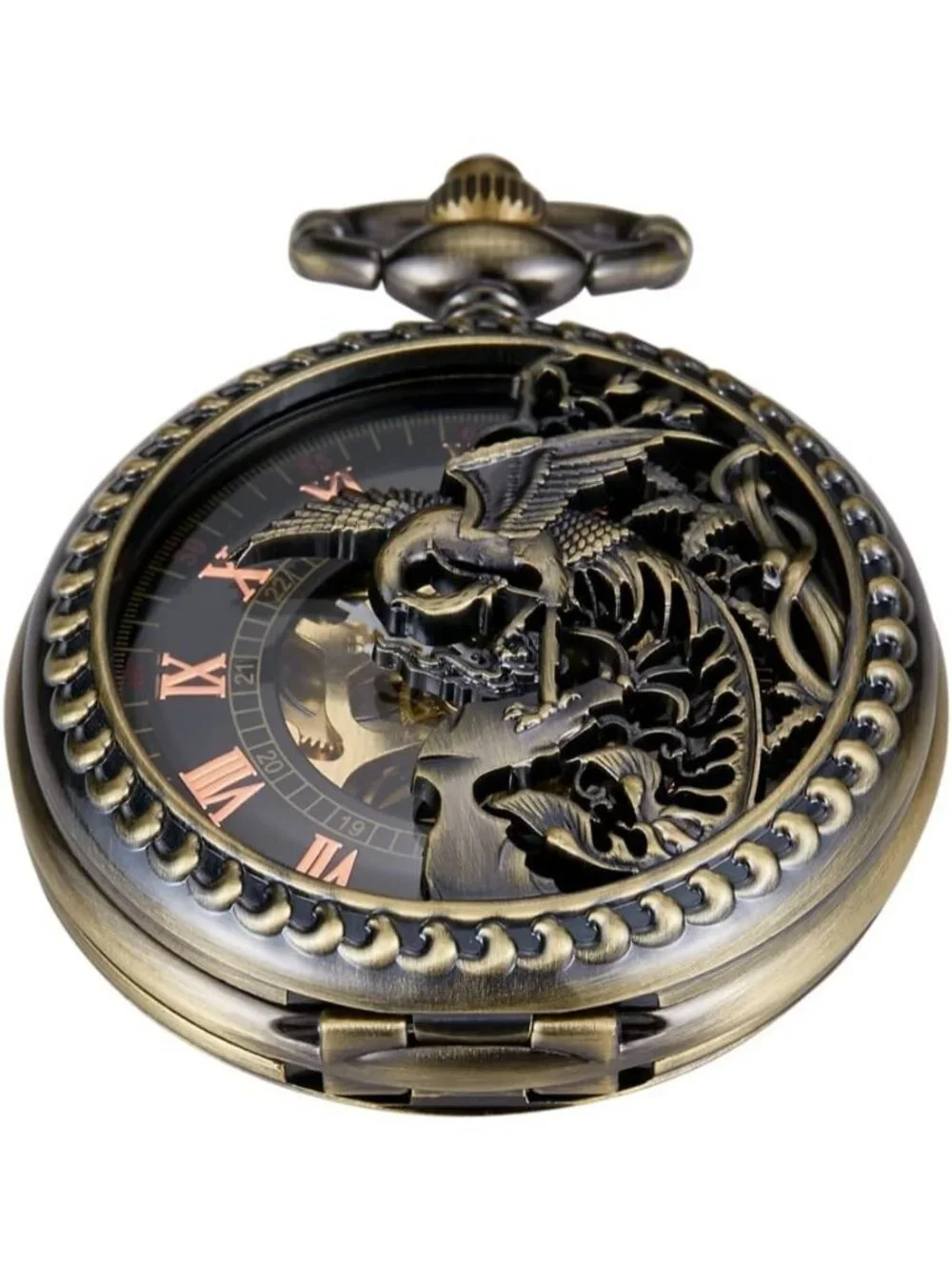 Men's Gold Bronze Skeleton Roman Numerals Hollow Mechanical Round Pocket Watch